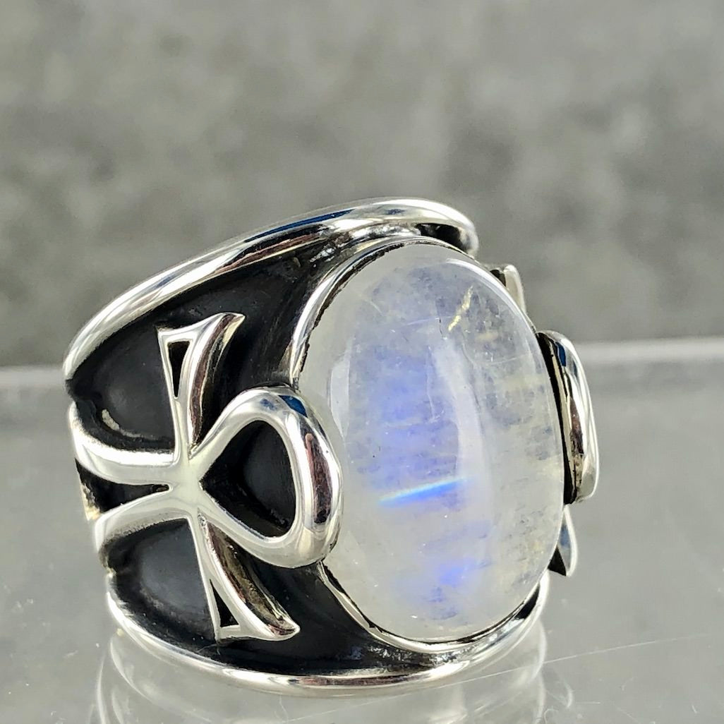 Rainbow Moonstone Ankh | Size 9 |  925 Sterling Silver Ring | Ajna Jewels & Gems | Crystal Shop | Brisbane | Australia